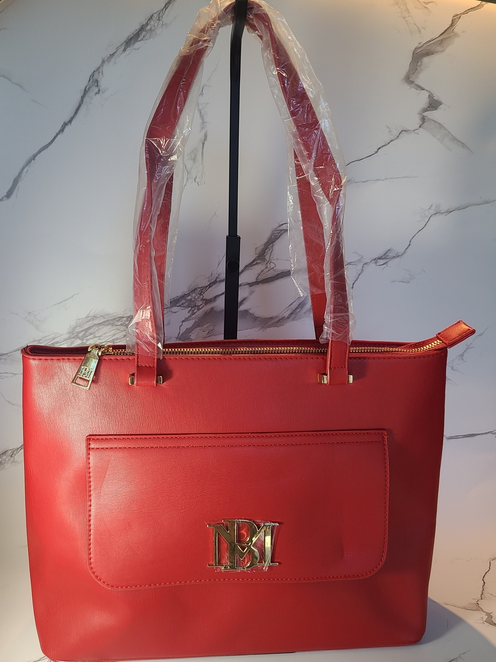 Badgley Mischka Red Tote with Gold Logo Hardware (Small flaw - see description)